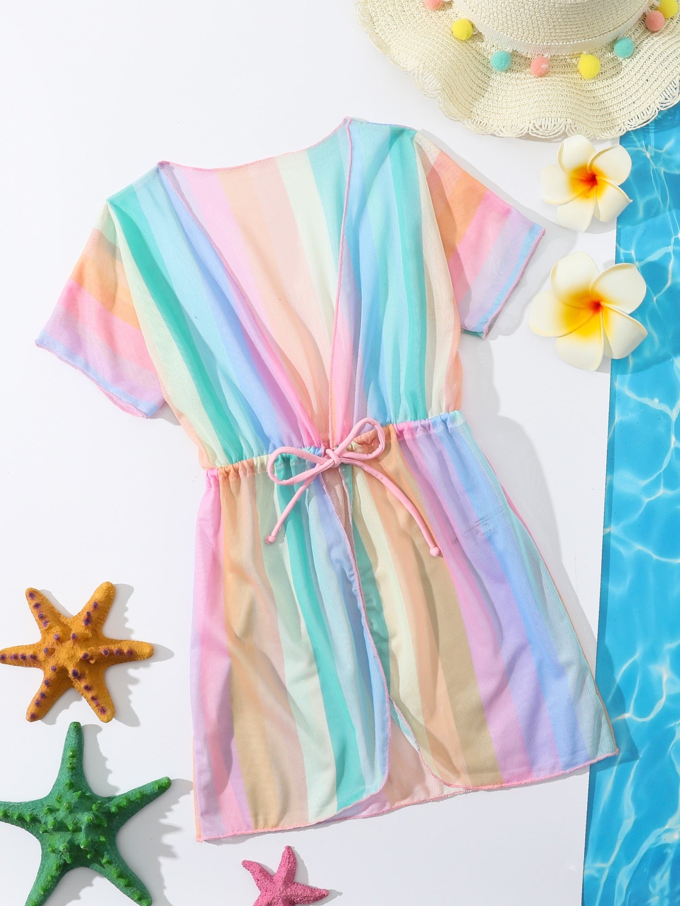 Young Girl Colorful Striped Drawstring Waist Kimono