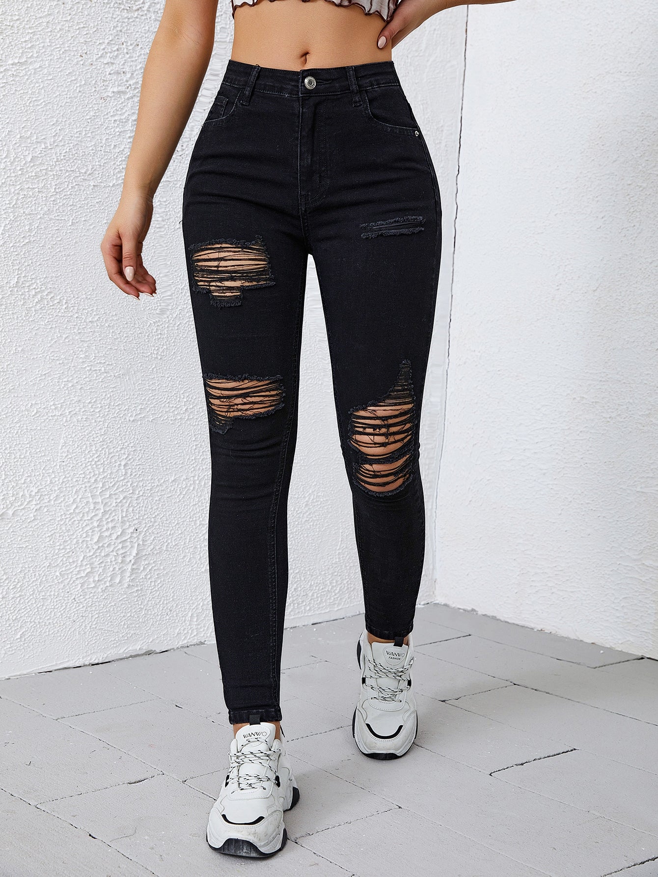 Ladder Distressed Skinny Jeans