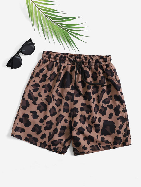 Tween Boy Personalized Digital Print Elastic Waist Leopard Pattern Beach Shorts