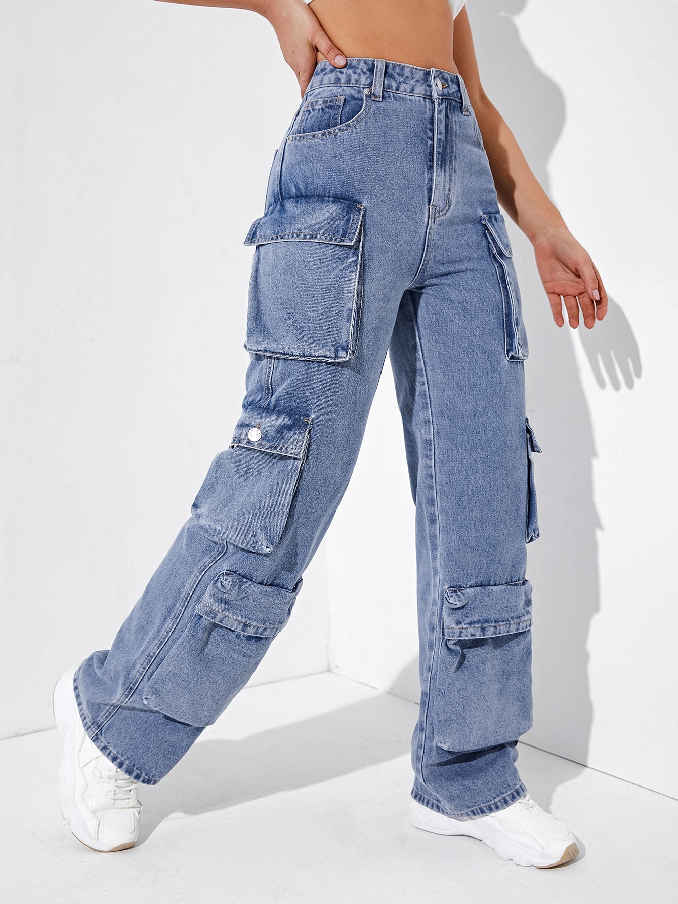 Straight Leg Denim Cargo Pants