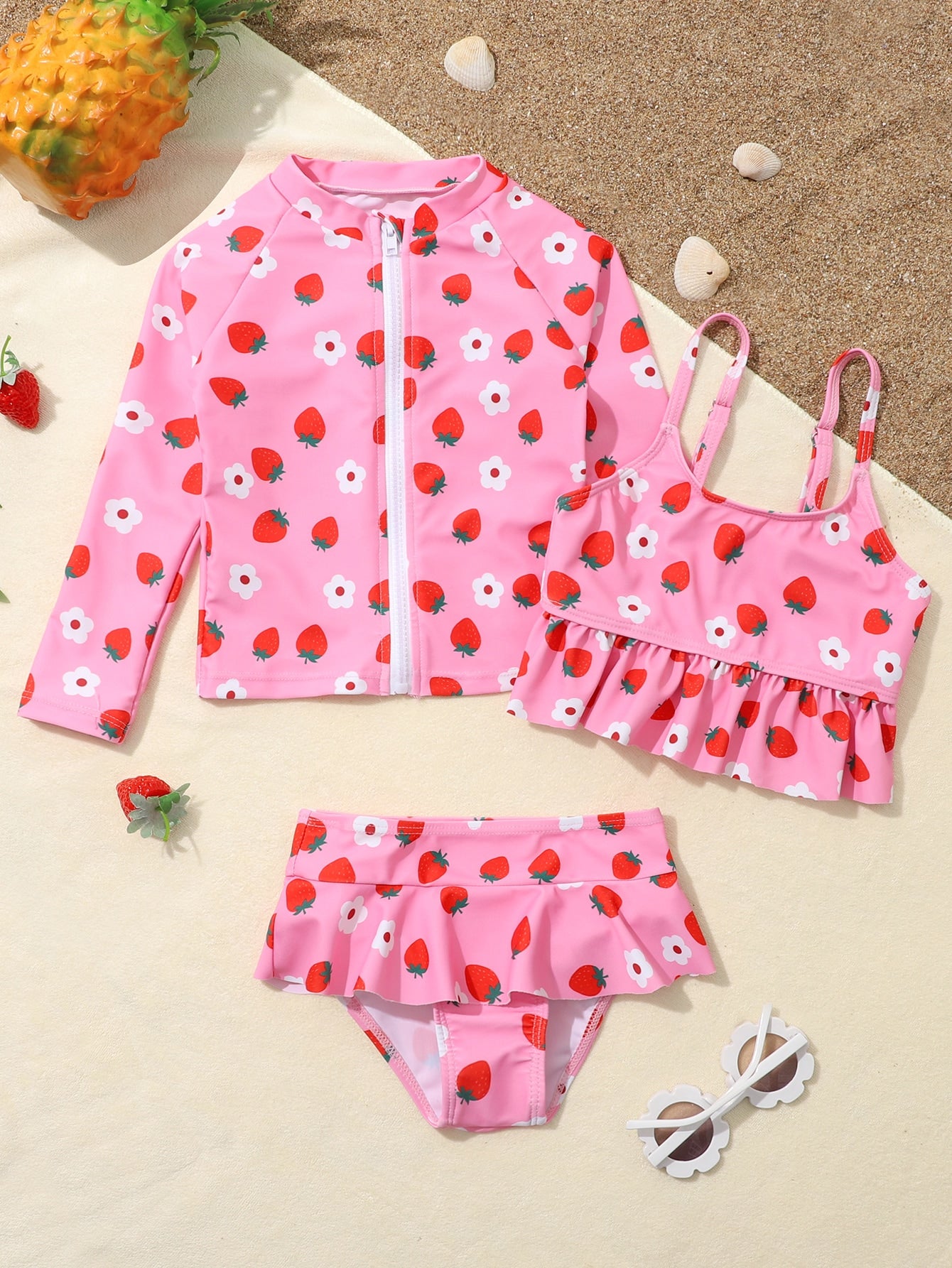 Young Girl 3packs Random Strawberry Print Bikini Set Summer Beach