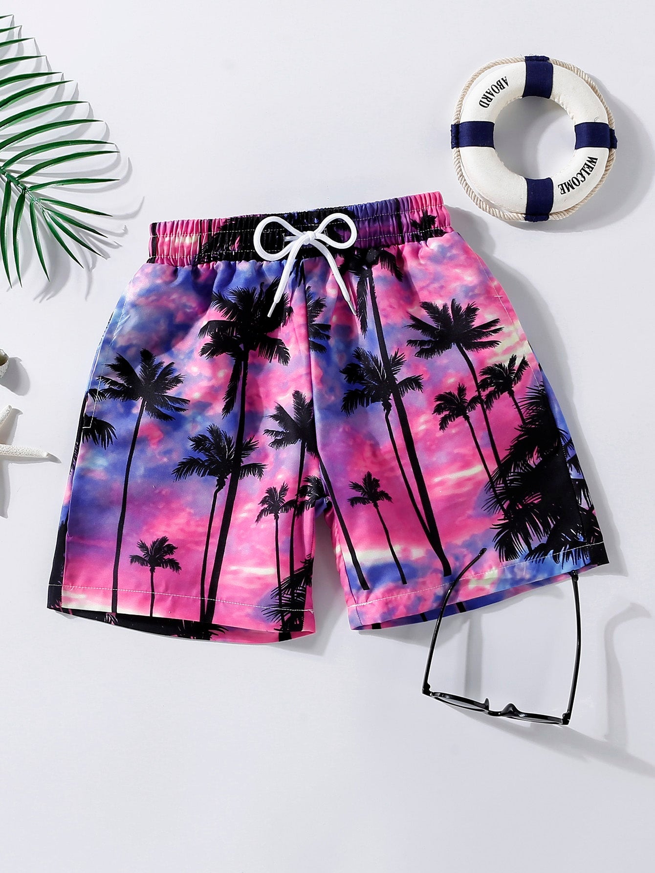 Tween Boy Random Coconut Tree Print Drawstring Waist Swim Shorts