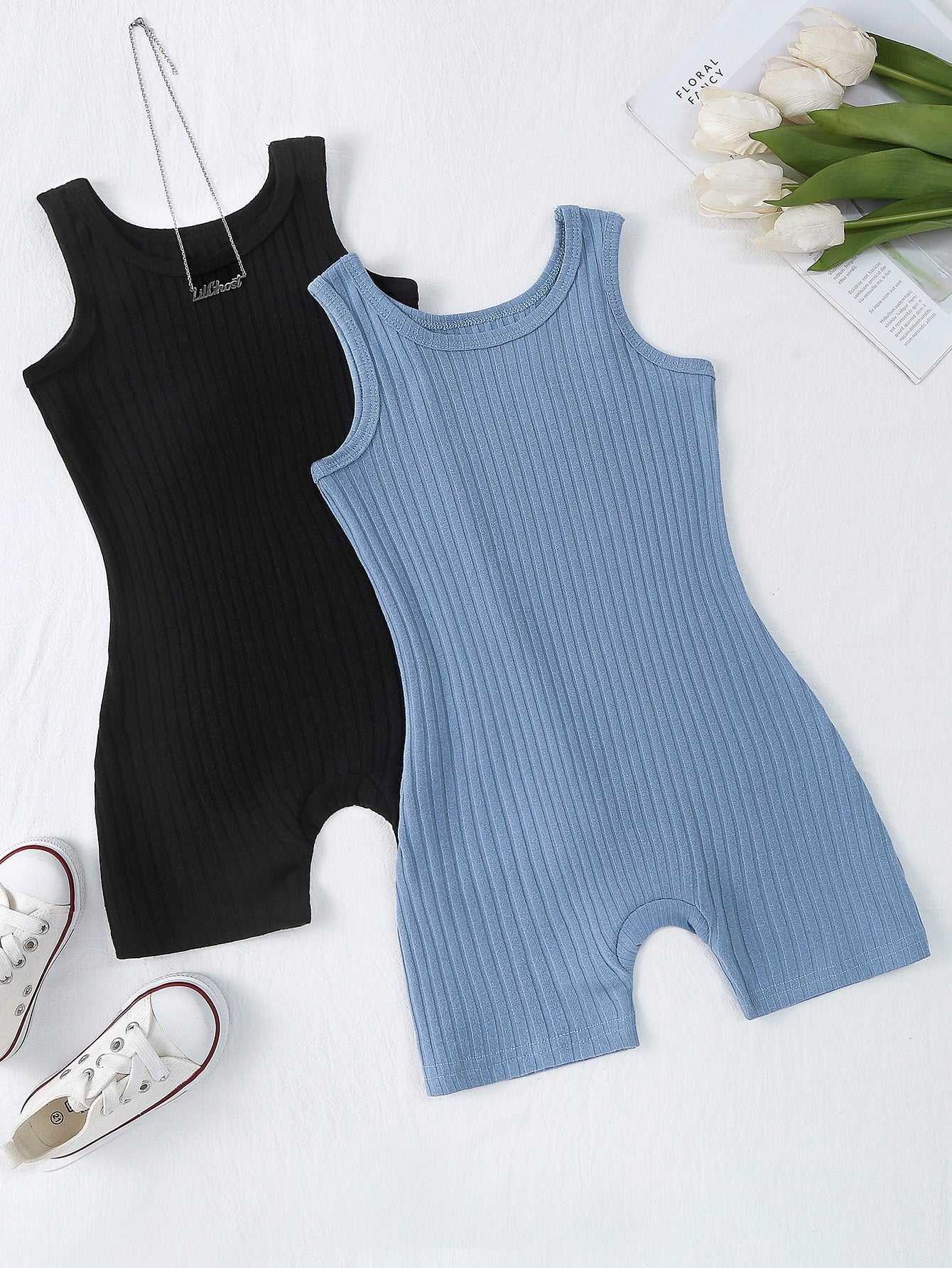 Young Girl 2pcs Ribbed Unitard Romper