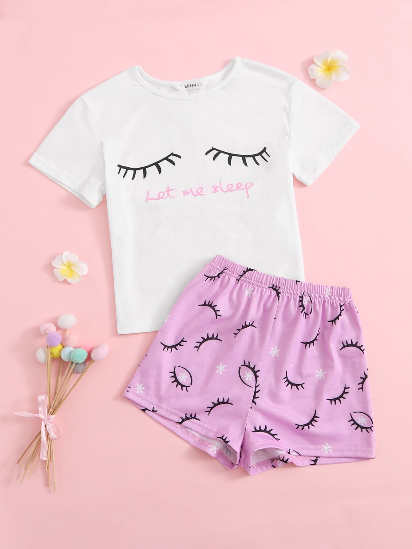 Young Girl Summer Cartoon & Letter Print Short Sleeve Shorts Flame-Retardant Pajamas Set, 2pcs