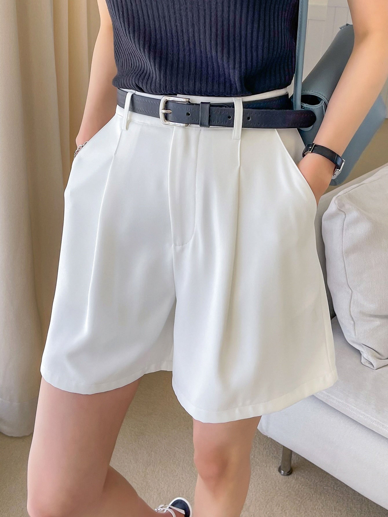 Fold Pleated Wide Leg Shorts Without Belt