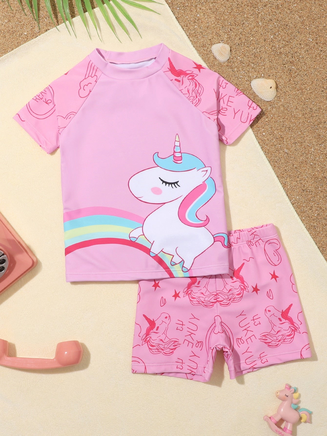 Young Girls' Rainbow & White Splicing Pink & Blue Unicorn Printed Short Sleeve Tankini With Boyshorts, Cute, Casual, Fashionable, Exquisite, Suitable For Vacation, Swimming, Surfing, Beach, And Pool