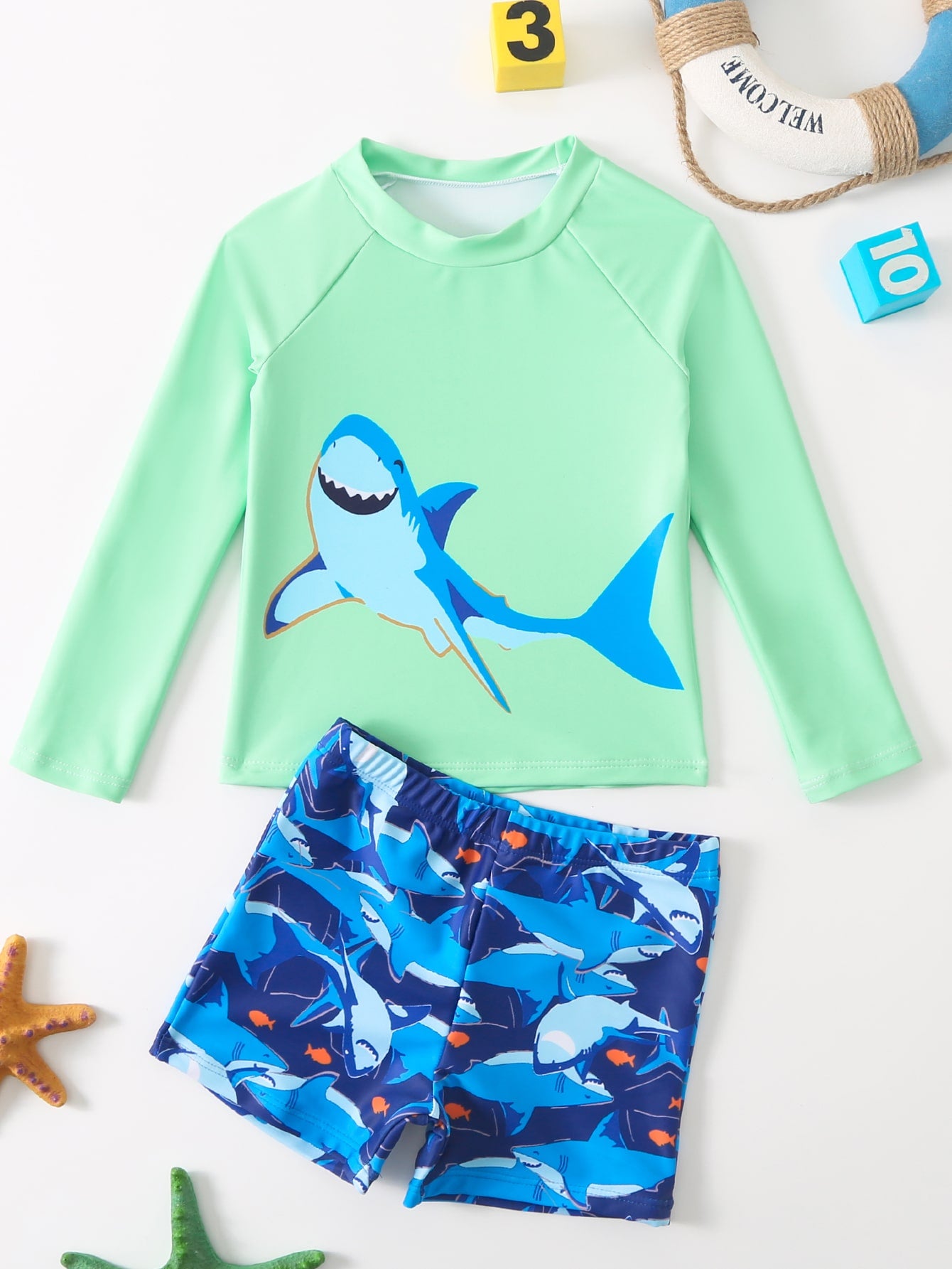 Young Boy Shark Print Long Sleeve Separate Swimwear