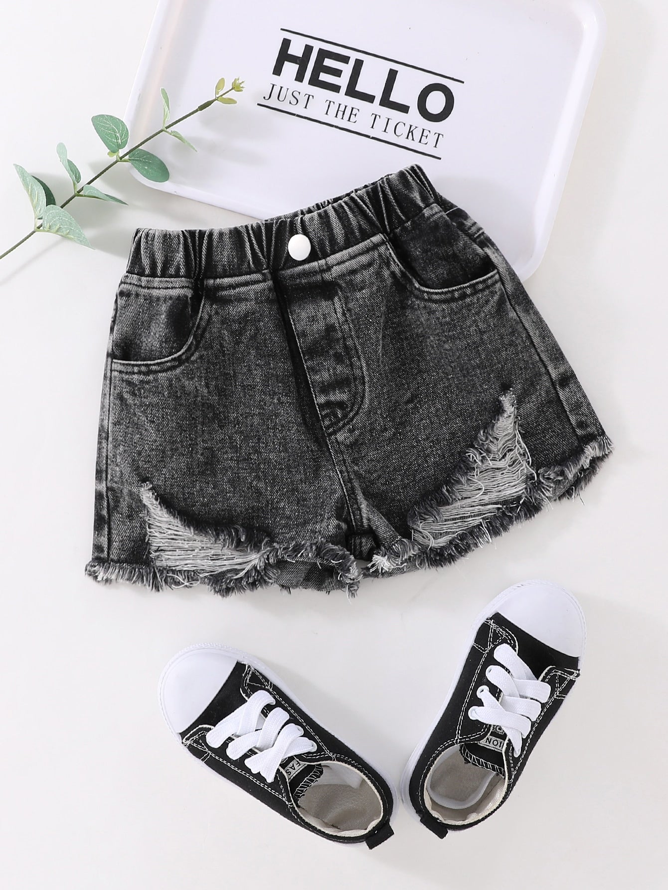 Young Girl Casual Basic Daily Wear Dark Grey Denim Shorts With Distressed Details