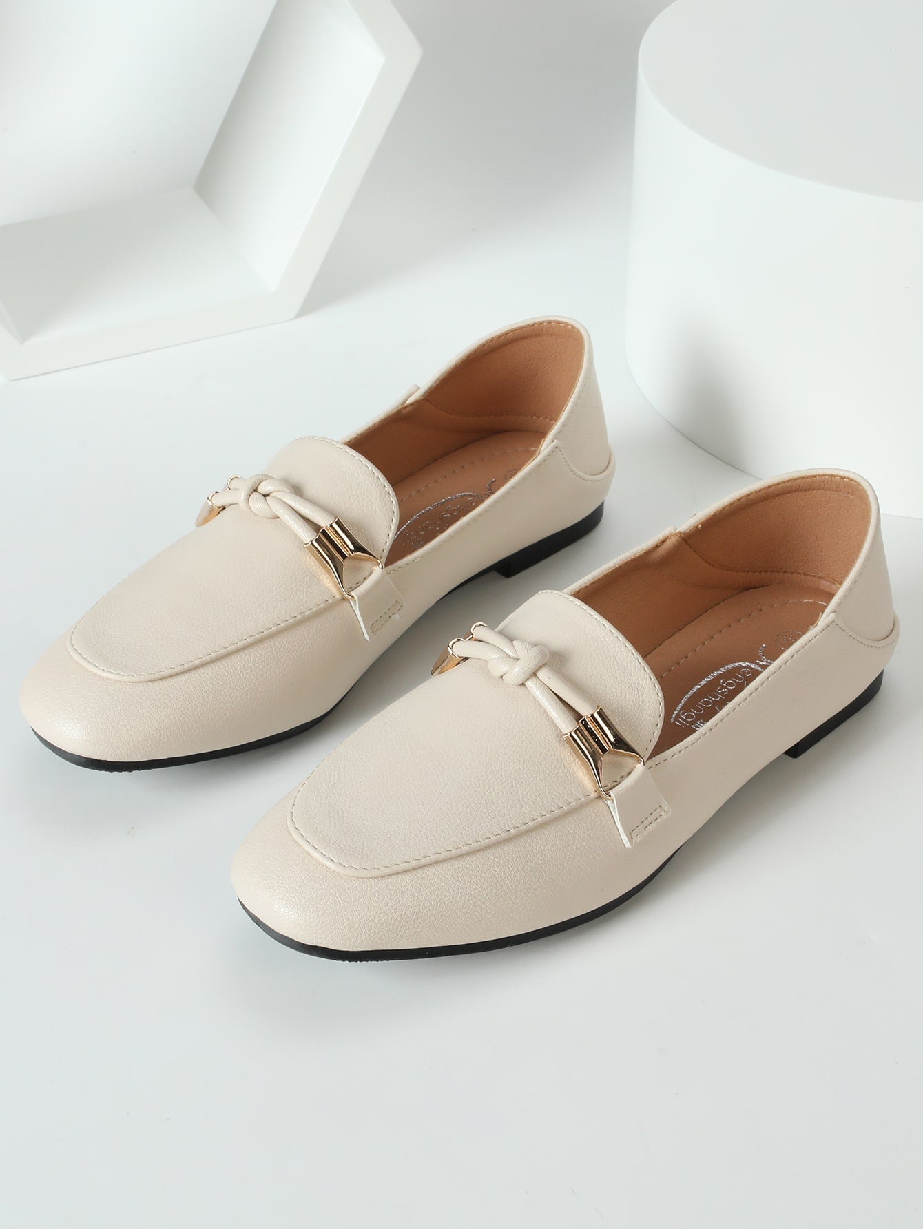 Women Knot Decor Square Toe Loafer Flats, Elegant Beige Color Block Flat Shoes