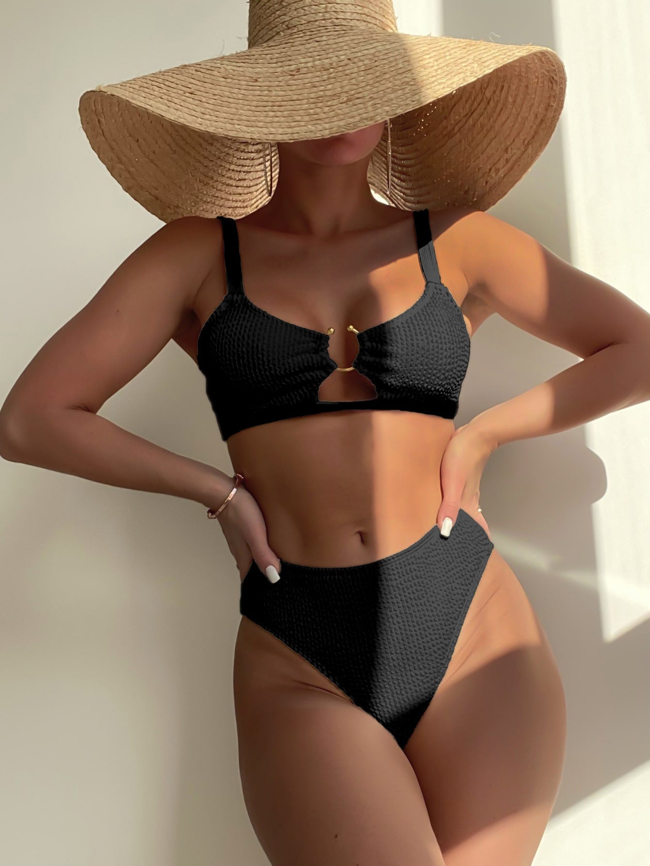 Swim Summer Beach Textured Bikini Set Ring Linked Cut Out Bra Top & High Waisted Bikini Bottom 2 Pieces Bikini