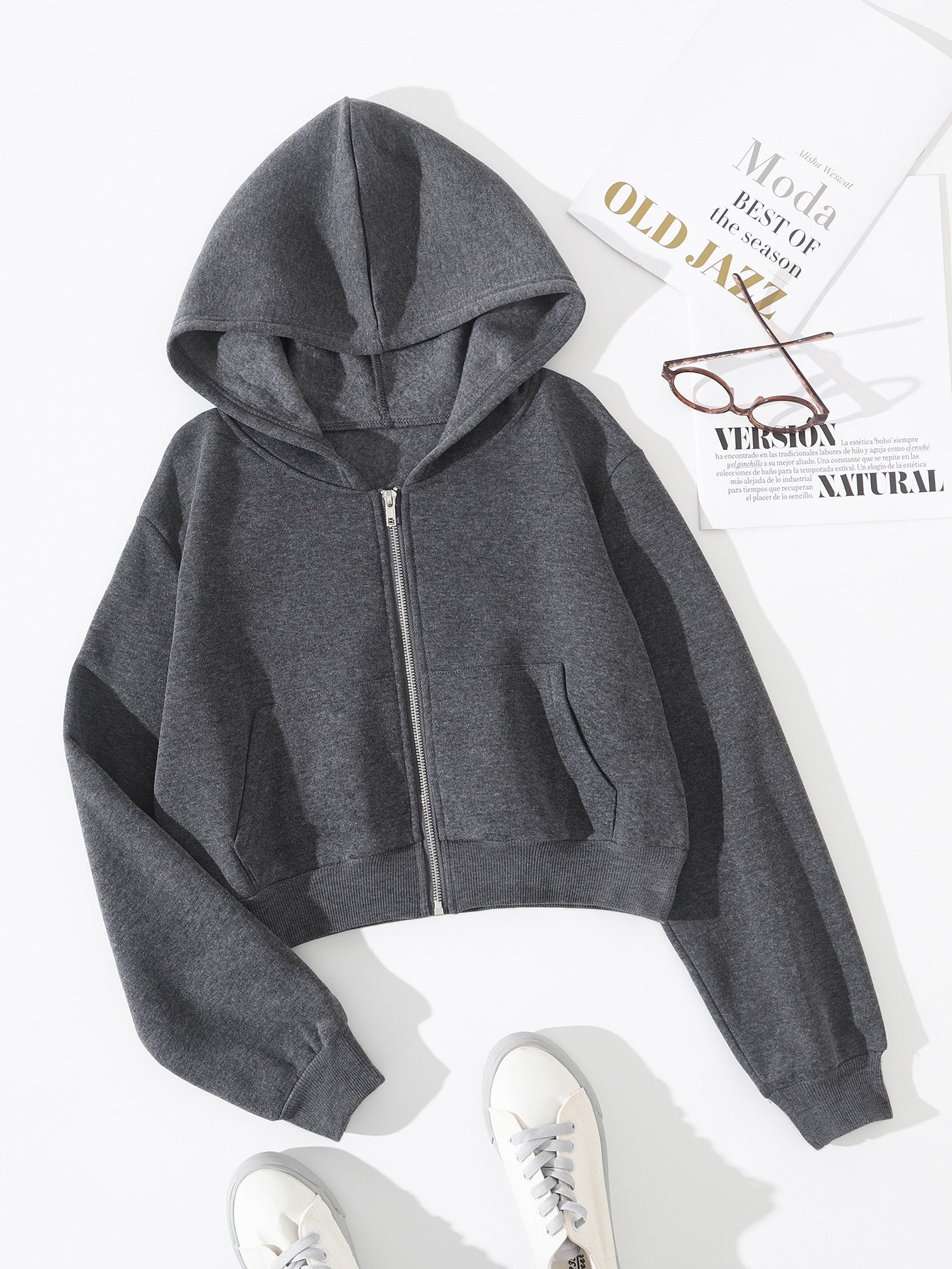 Solid Zip Up Drop Shoulder Thermal Lined Crop Hoodie