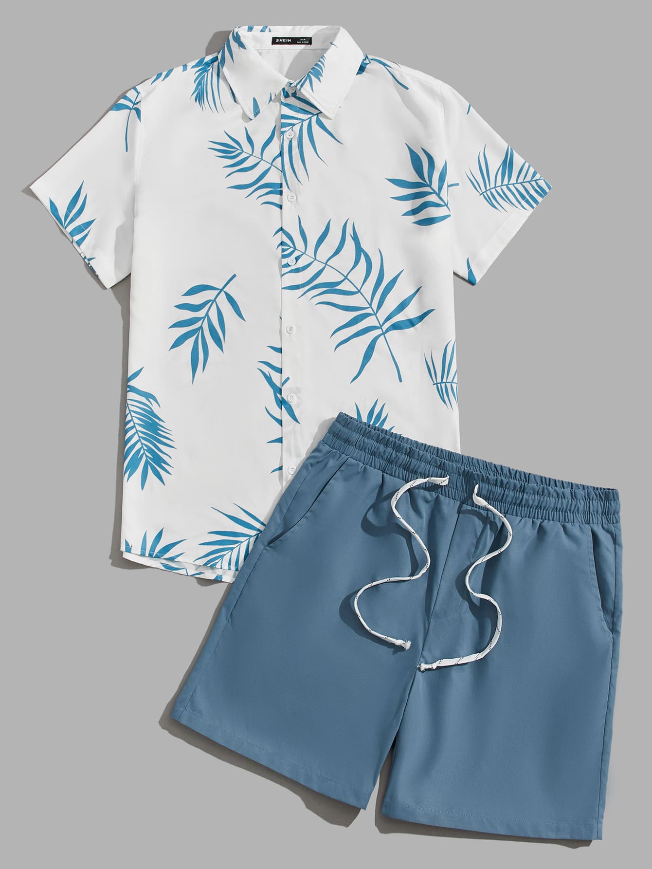 Men Tropical Print Shirt & Drawstring Waist Shorts Set