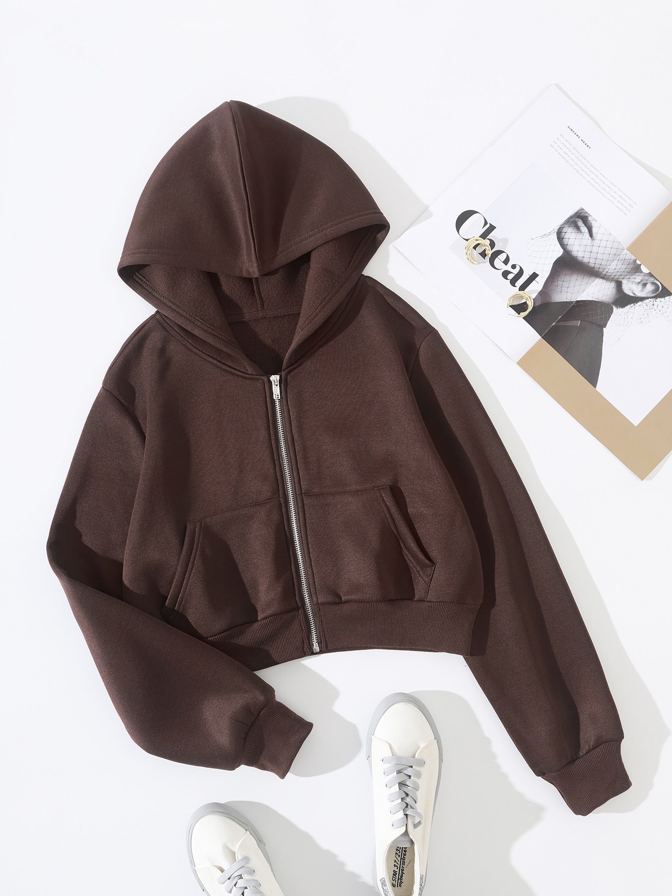 Solid Zip Up Drop Shoulder Thermal Lined Crop Hoodie