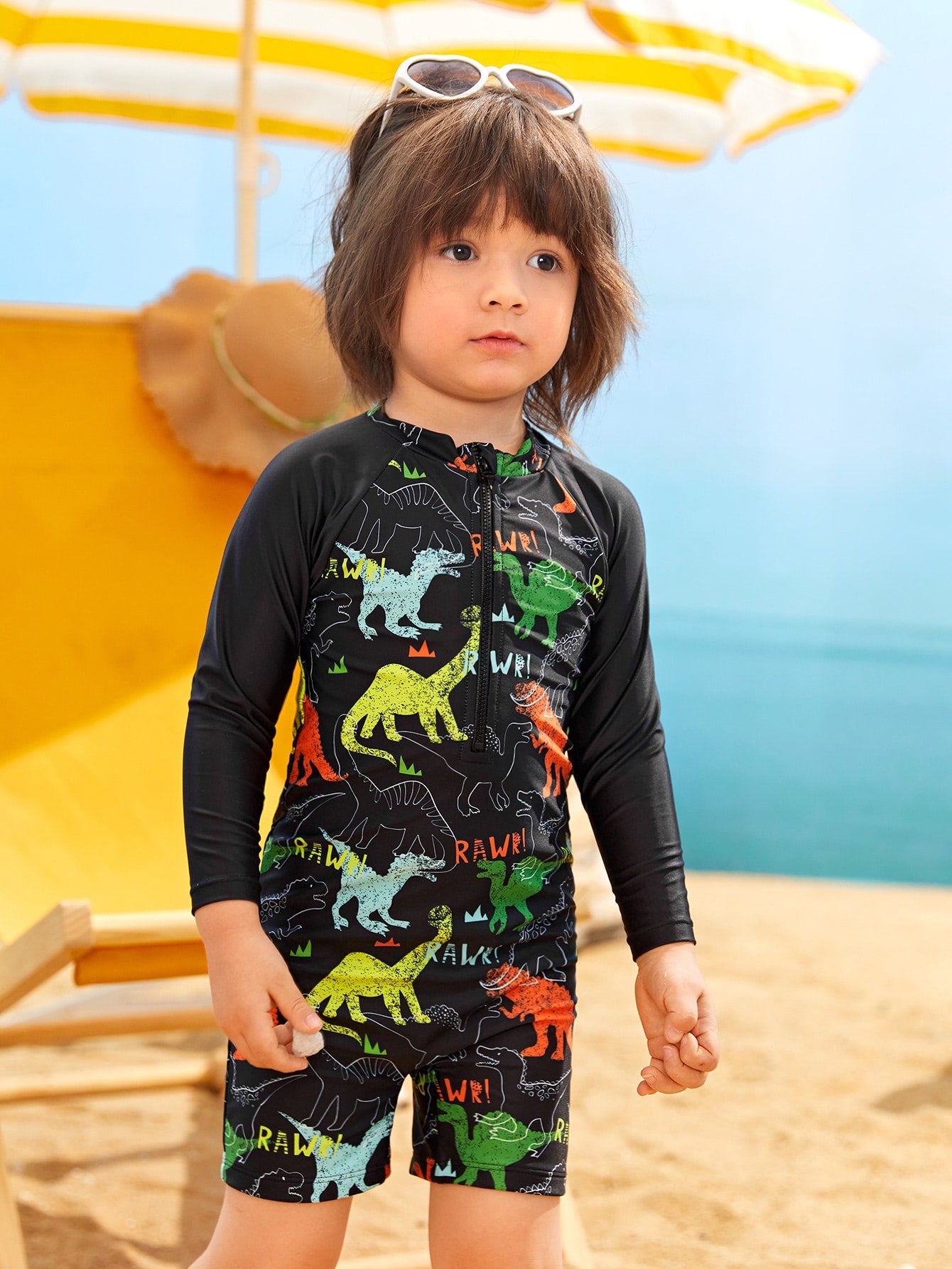 Young Boy Allover Dinosaur Print Zipper Front One Piece Swimsuit