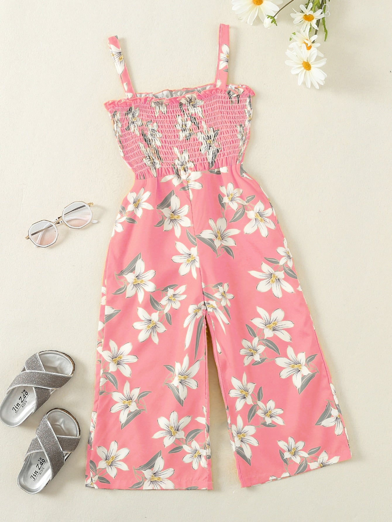 Young Girl Floral Print Frill Shirred Cami Jumpsuit