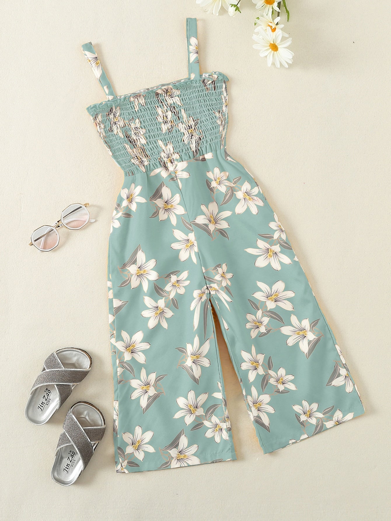 Young Girl Floral Print Frill Shirred Cami Jumpsuit