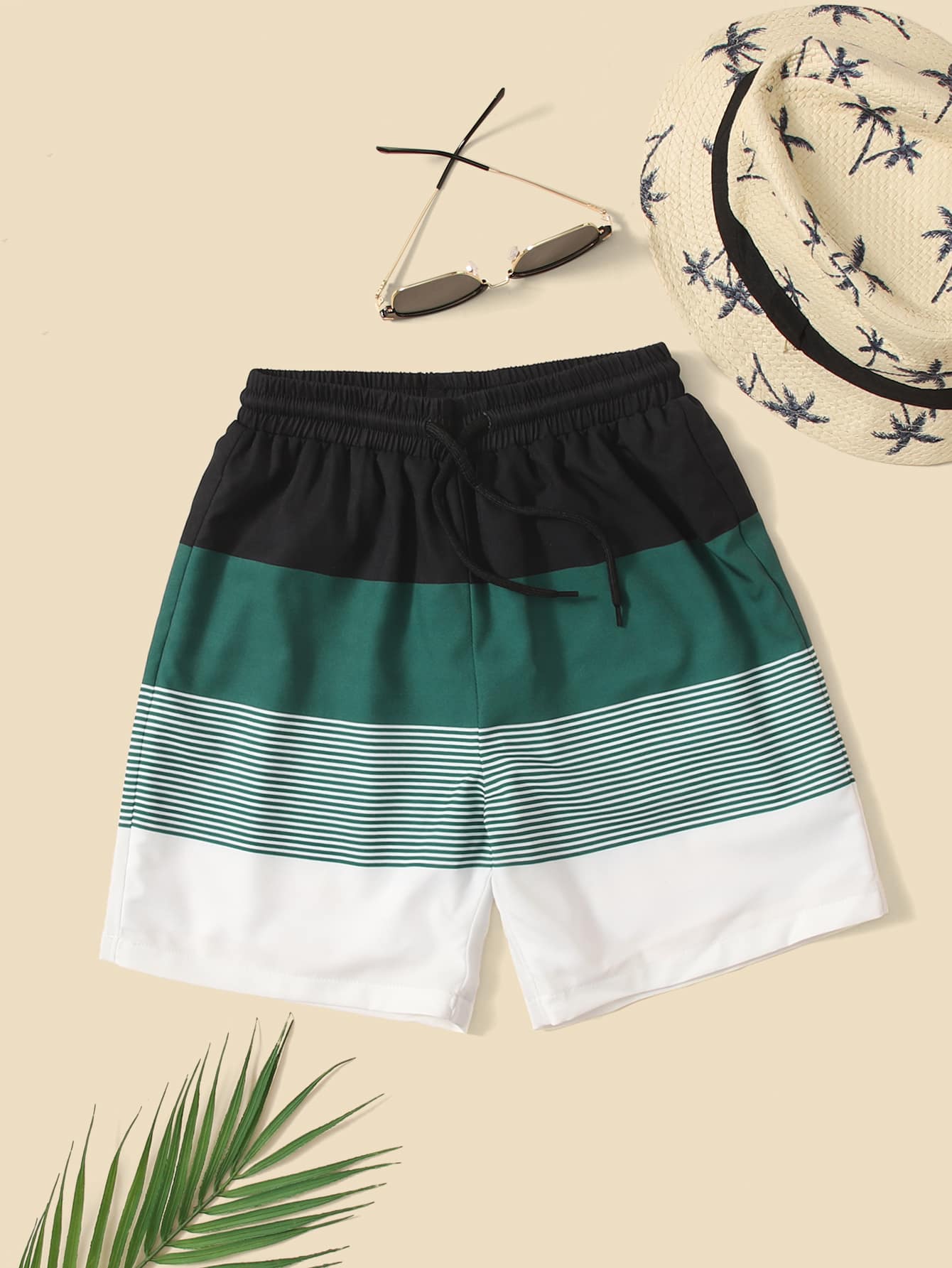 Tween Boy Striped Colorblock Drawstring Waist Swim Trunks