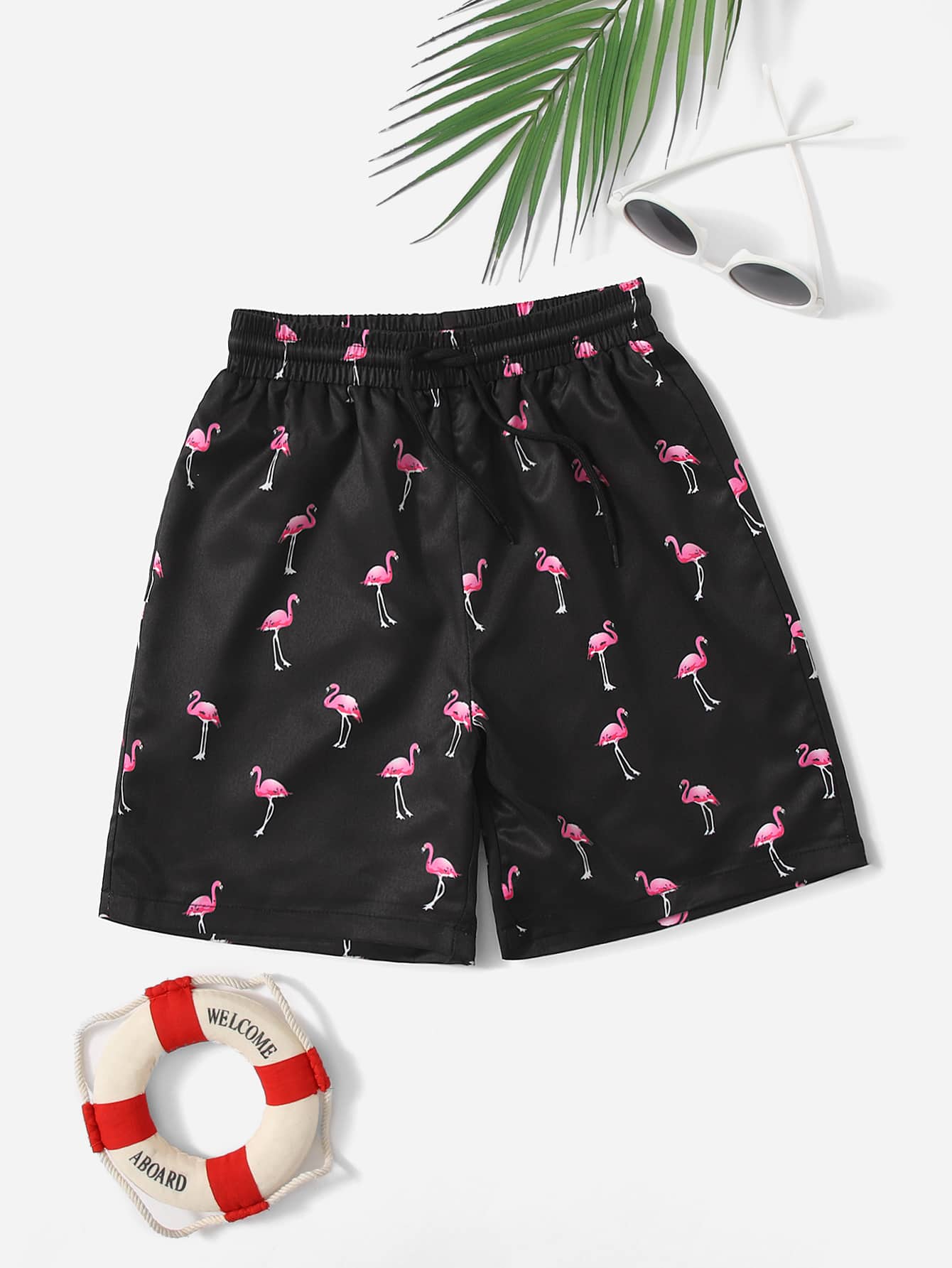 Tween Boy Flamingo Print Drawstring Waist Swim Trunks