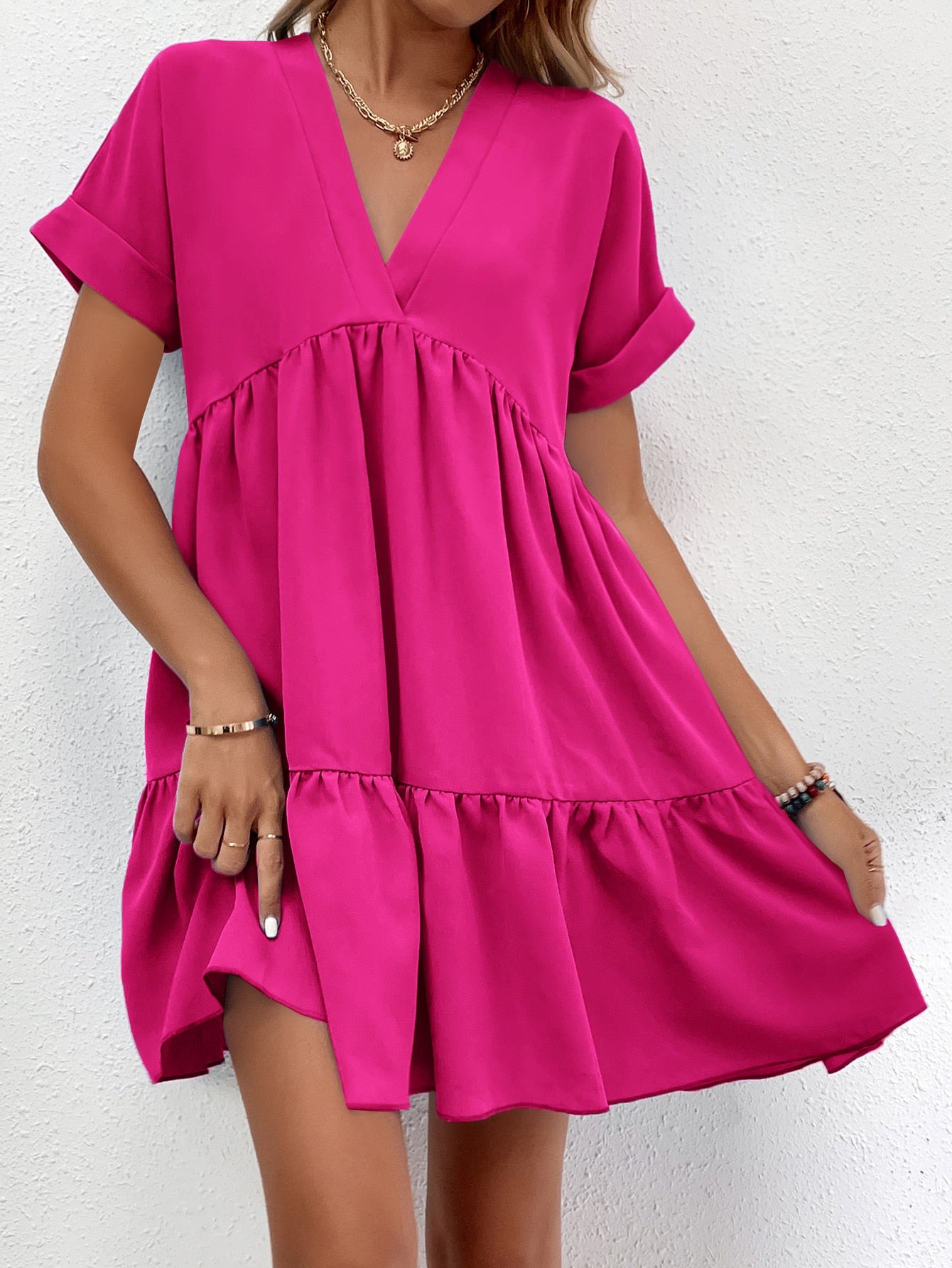 Solid Color Batwing Sleeve Layered Vacation Casual Dress