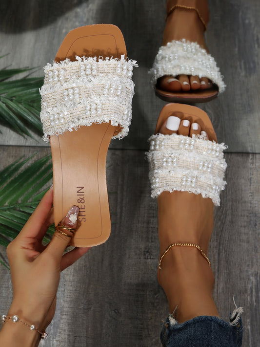 Fashion White Sandals For Women, Faux Pearl Decor Slide Sandals