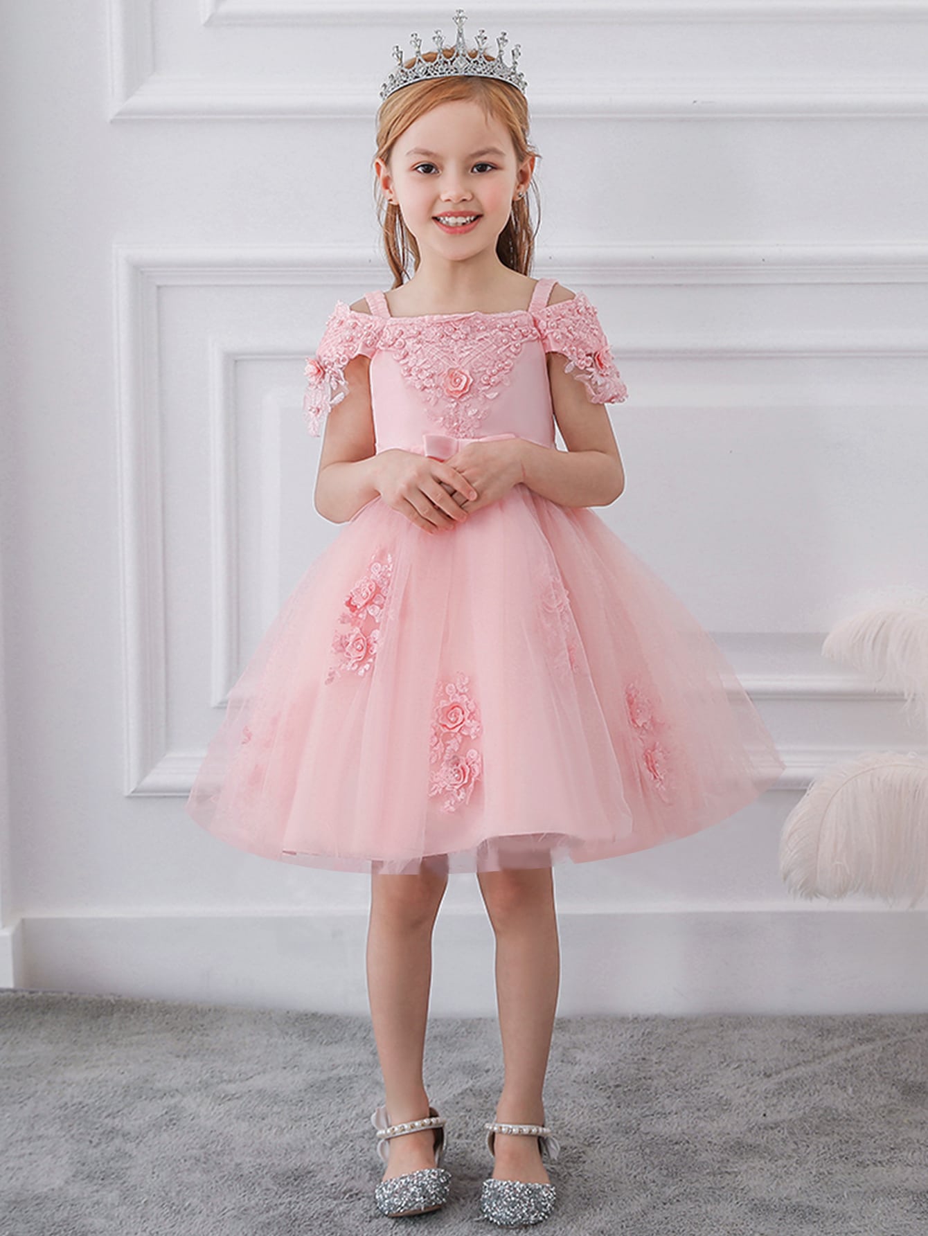 Tween Girls' Off-Shoulder Solid Color Tulle & Satin Dress With Puffy, Ideal For Catwalk, School Performance, Hair Accessory Not Included