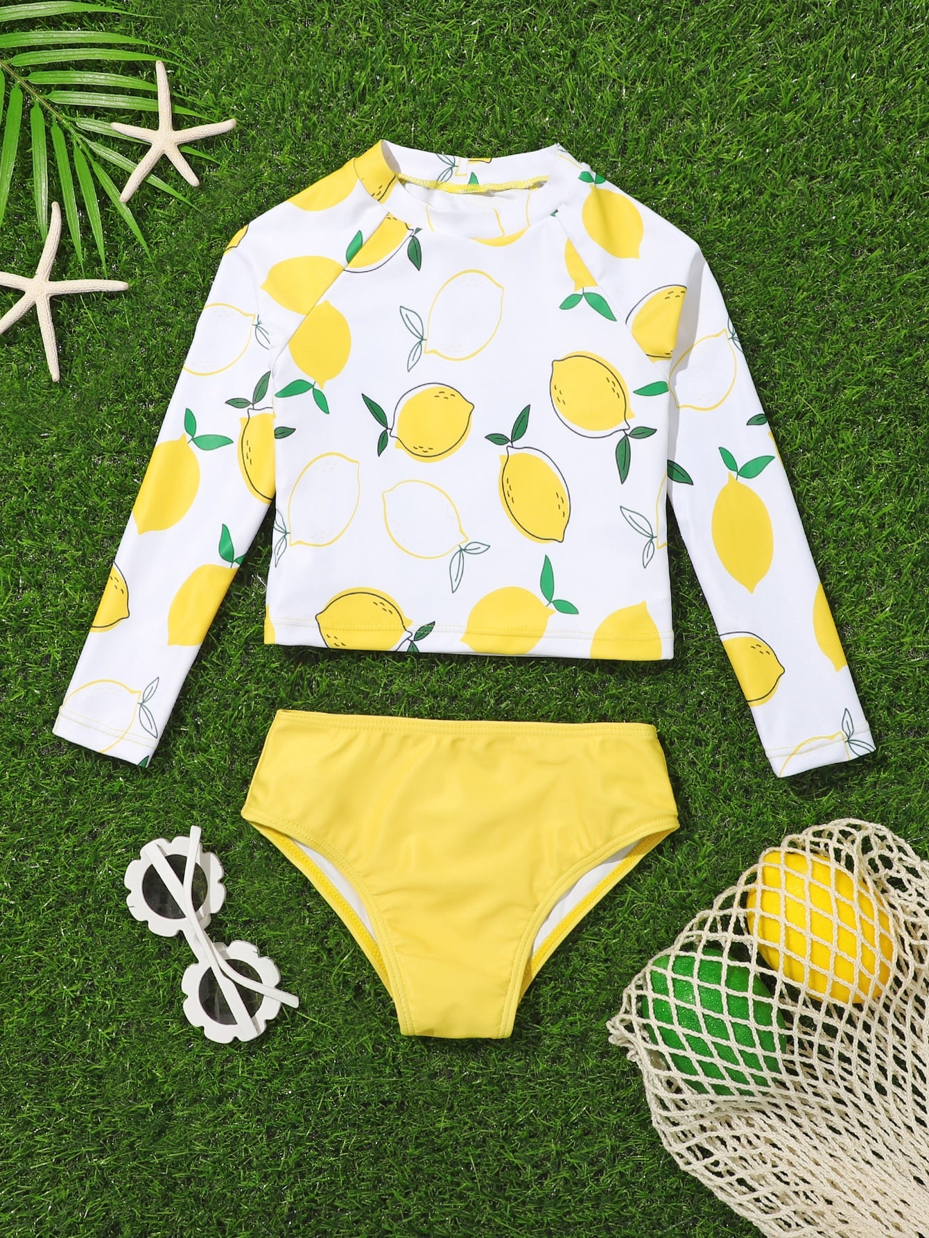 Young Girl Random Lemon Print Raglan Sleeve Bikini Swimsuit