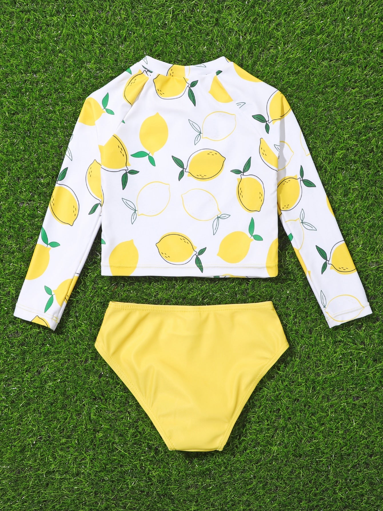 Young Girl Random Lemon Print Raglan Sleeve Bikini Swimsuit