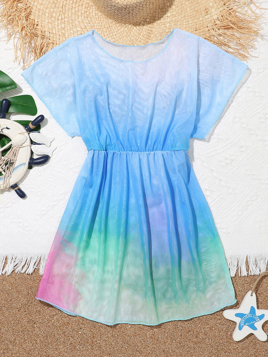 Tween Girl Random Tie Dye Batwing Sleeve Cover Up