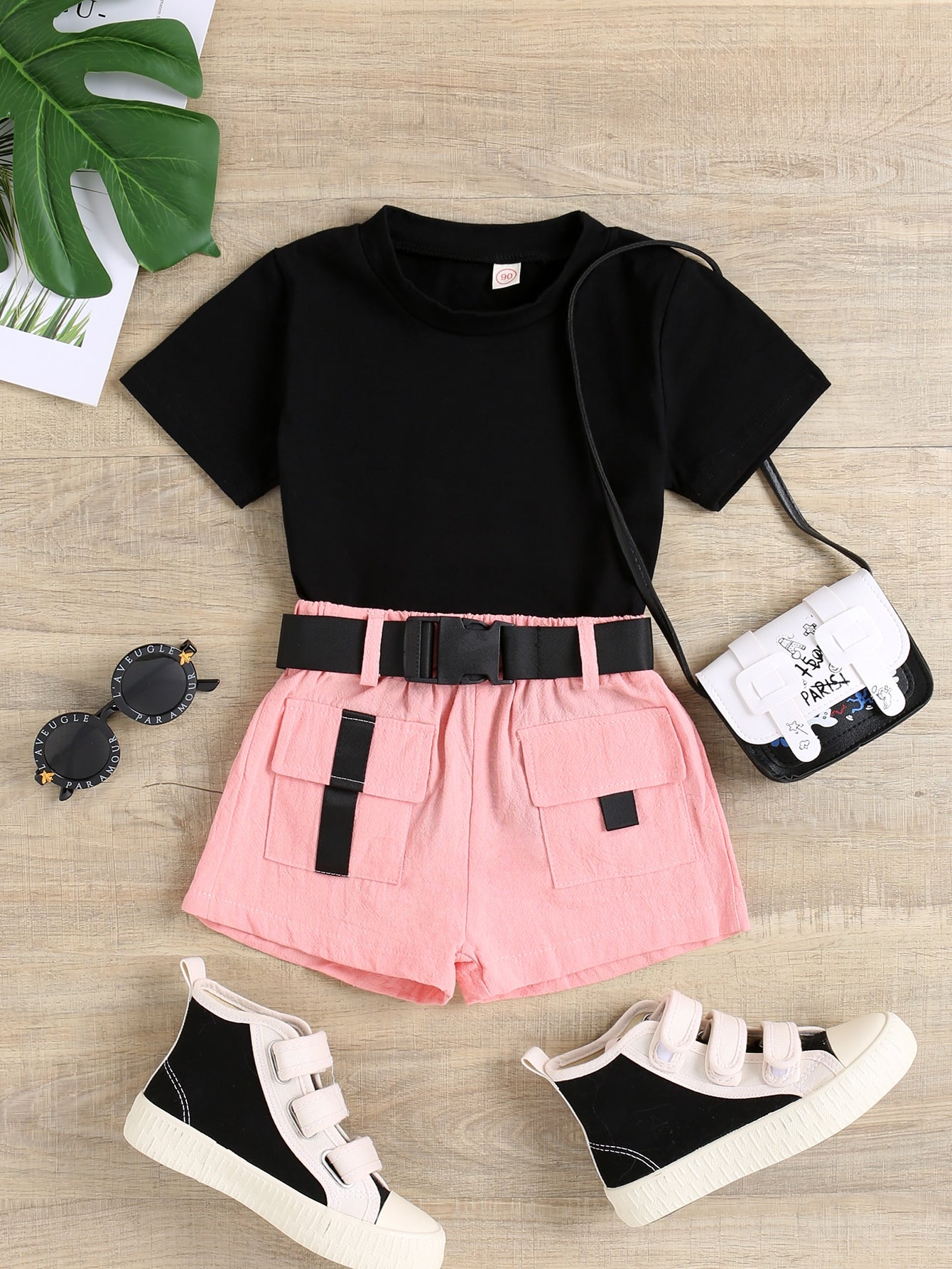 Young Girl Round Neck Tee & Dual Pocket Belted Shorts