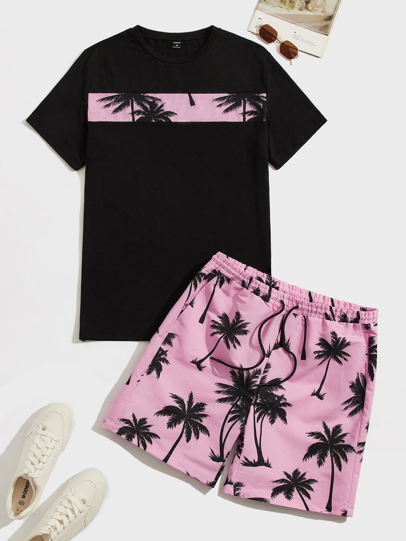 Men's Tropical Print Colorblock Knitted T-Shirt And Drawstring Waist Shorts Set