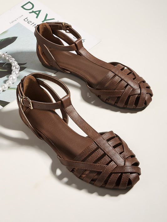 Buckle & Hollow Out Detail Ankle Strap Flats, Coffee Brown Elegant Solid Color Women's Flat Shoes