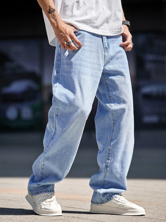 Men Cotton Bleach Wash Straight Leg Jeans