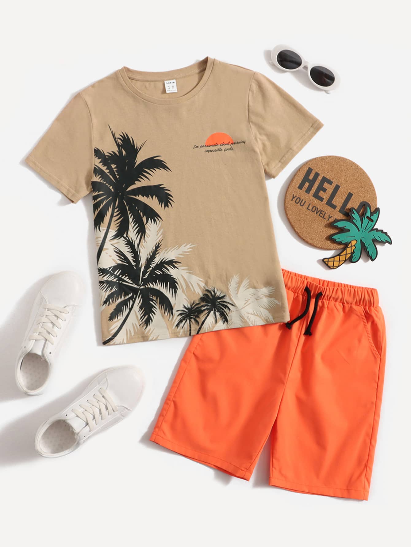 Tween Boy Palm Tree & Slogan Graphic Tee & Drawstring Waist Shorts