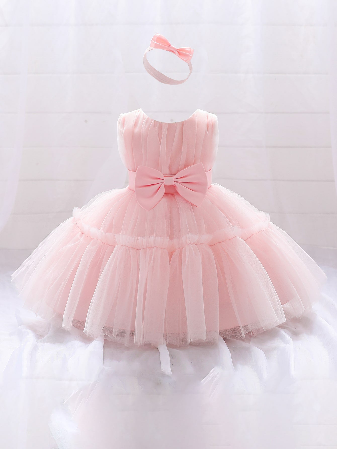 Young Girls' Solid Color Tulle Satin Dress With Waist Bowknot Decorations, Cute & Elegant Formal Dress, Comes With Hair Accessory Gift