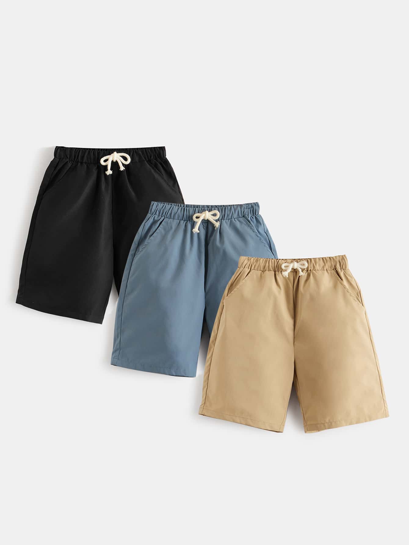 3pcs/Set Tween Boys' Elastic Waist Drawstring Shorts With Slanted Pockets