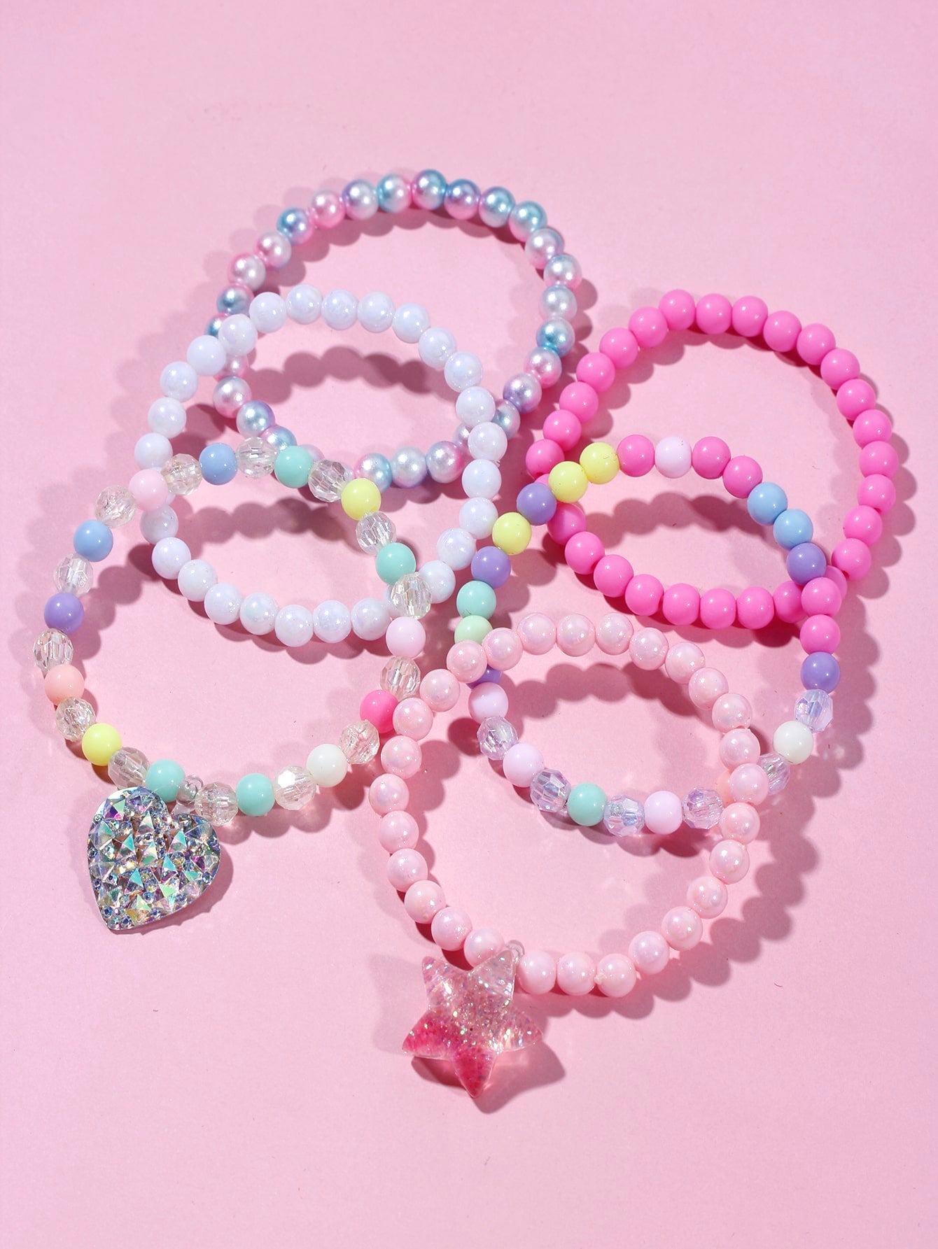 6pcs/set Girls' Lovely Rainbow Hearts & Cloud Shaped Bead Bracelets With Pendant For Everyday Wear, Color Random