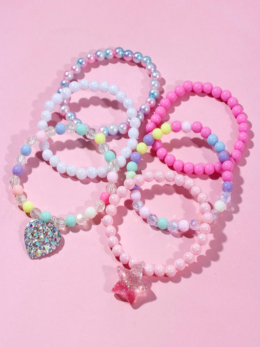 6pcs Girls Heart & Star Charm Beaded Bracelet