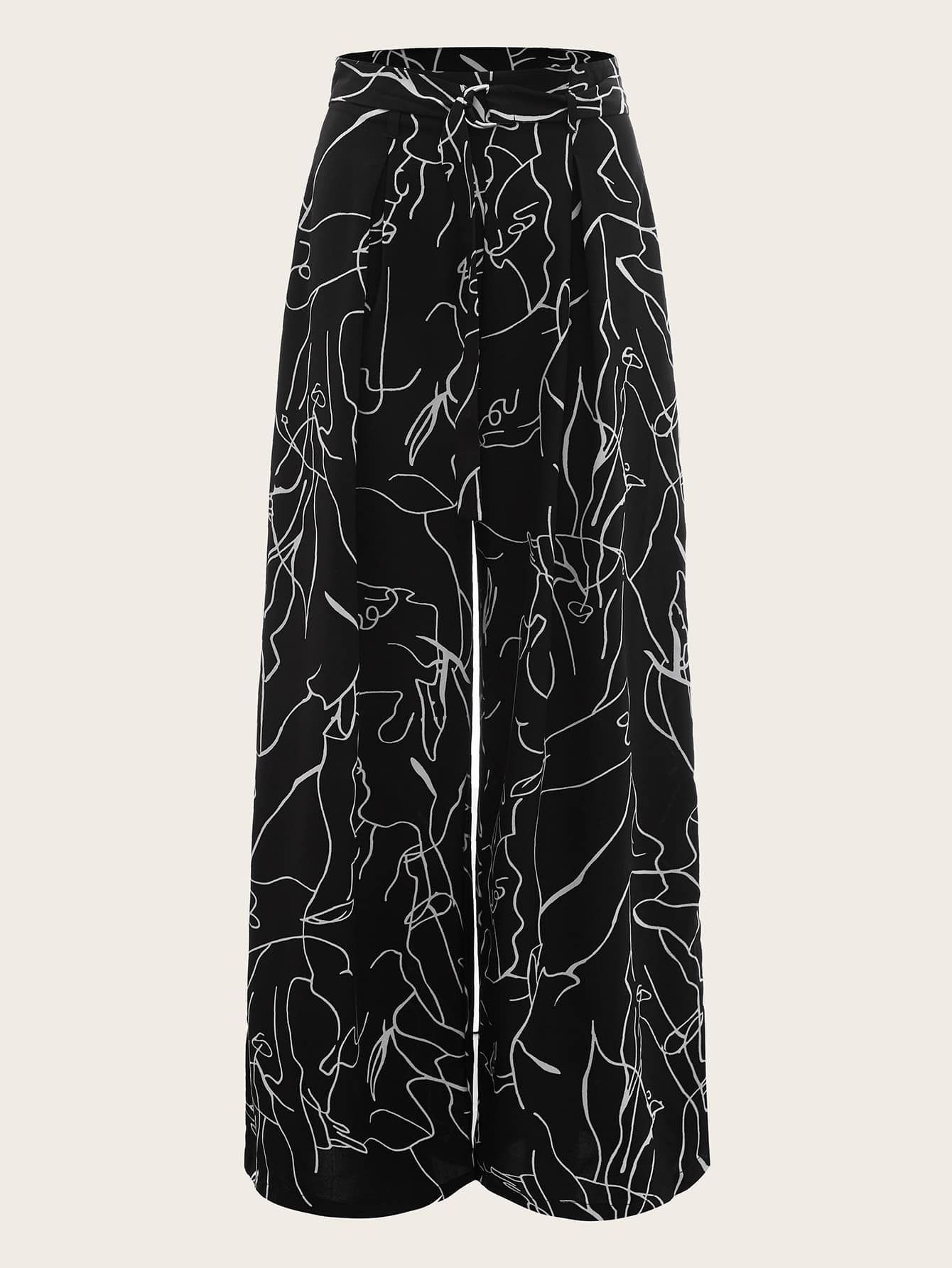 Graphic Print Belted Wide Leg Pants