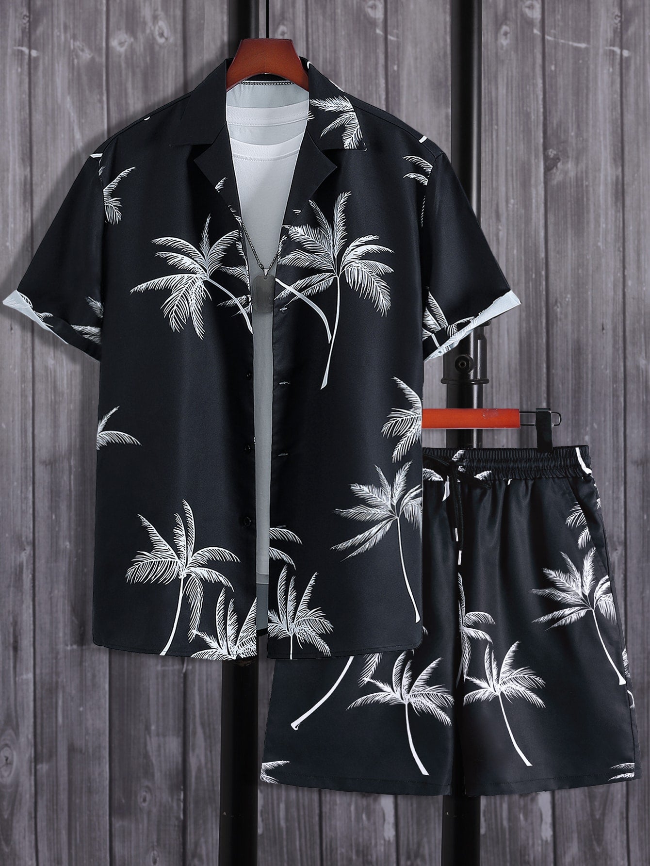 Men Random Palm Tree Print Shirt & Drawstring Waist Shorts Without Tee