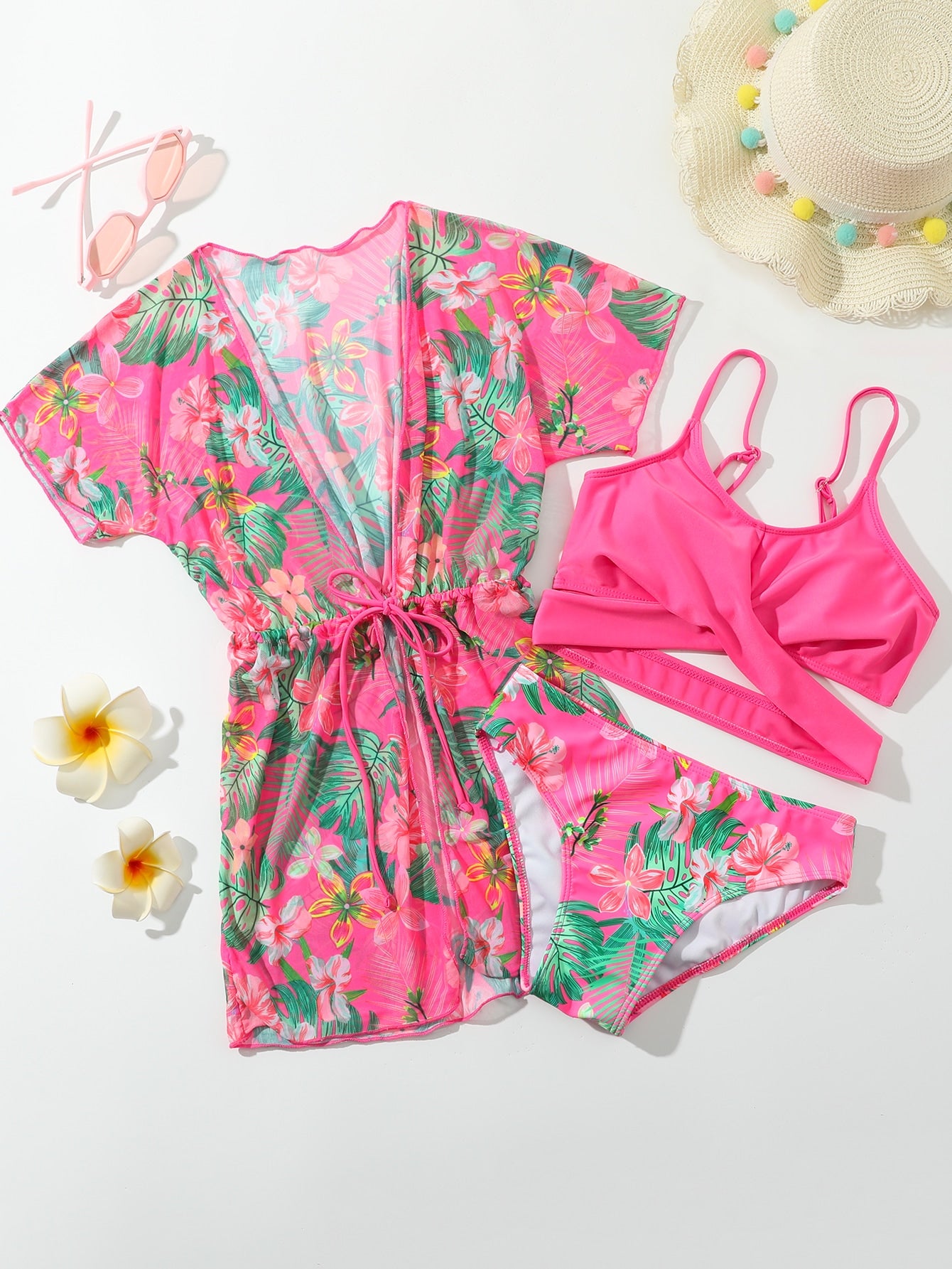 Tween Girl 3packs Tropical Print Crisscross Bikini Set & Drawstring Waist Kimono Summer Beach