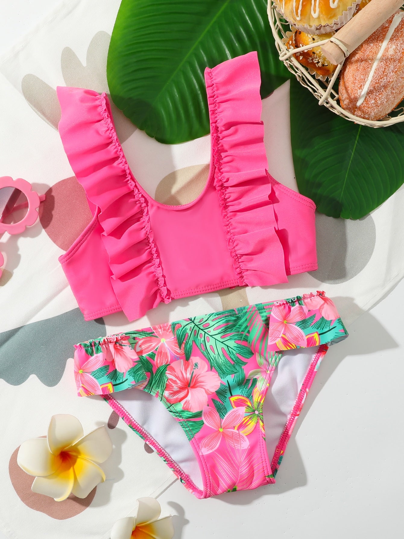 Young Girl Random Tropical Print Ruffle Trim Bikini Set Summer Beach