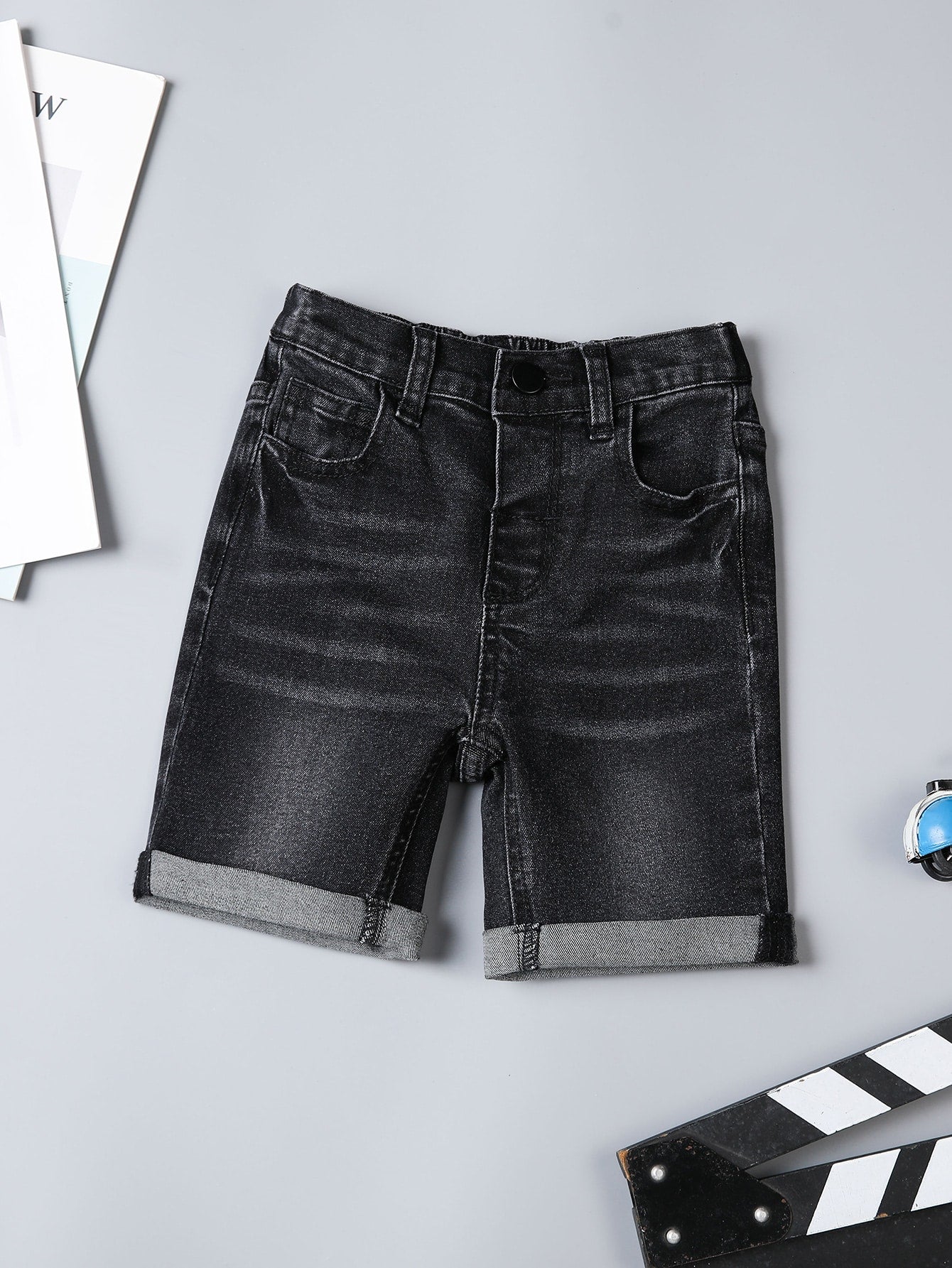 Young Boy Casual Summer Outdoor Micro-Elastic Black Denim Jeans Shorts, Personality And Versatile