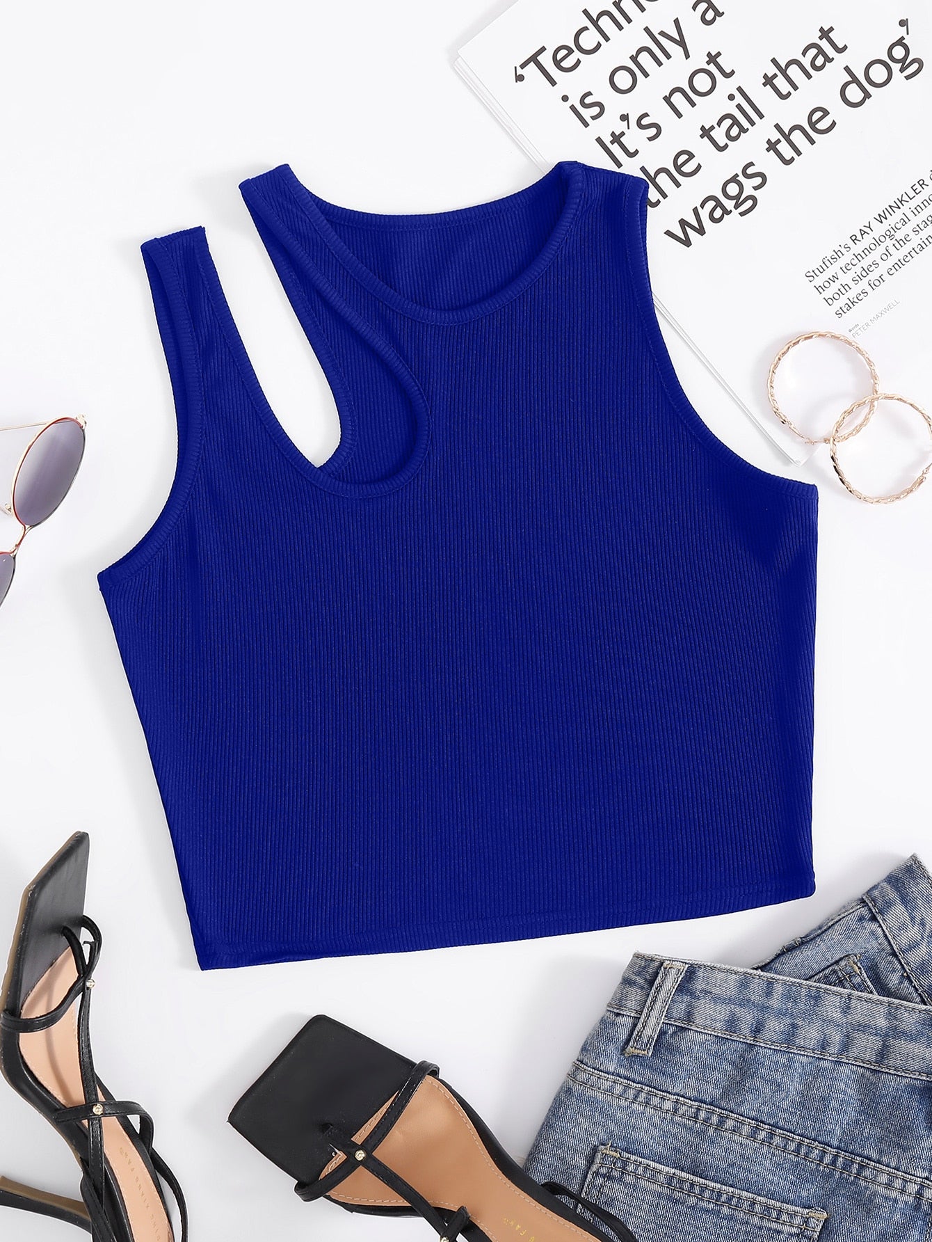 Solid Cut Out Shoulder Ribbed Knit Tank Top For Summer