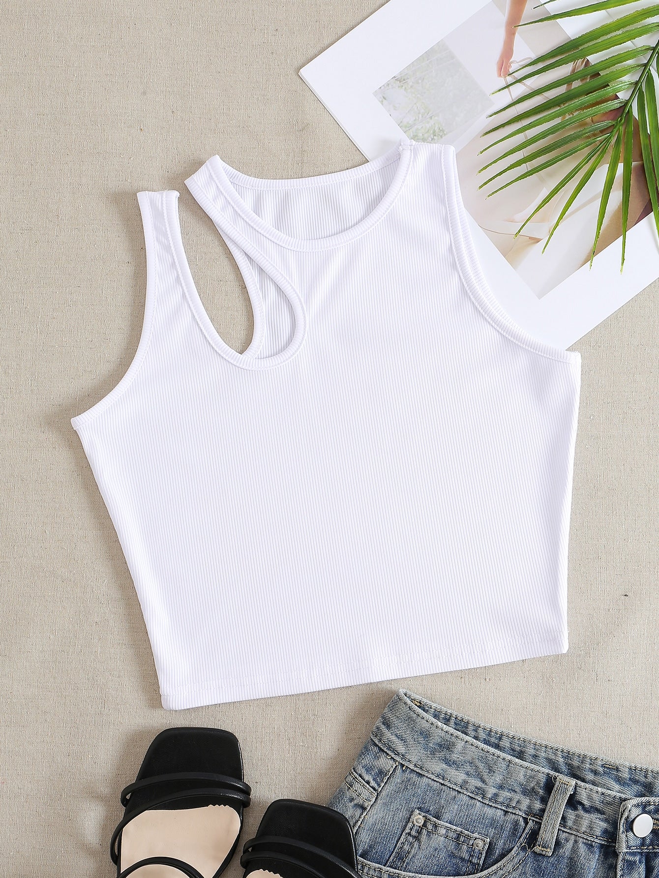 Solid Cut Out Shoulder Ribbed Knit Tank Top For Summer