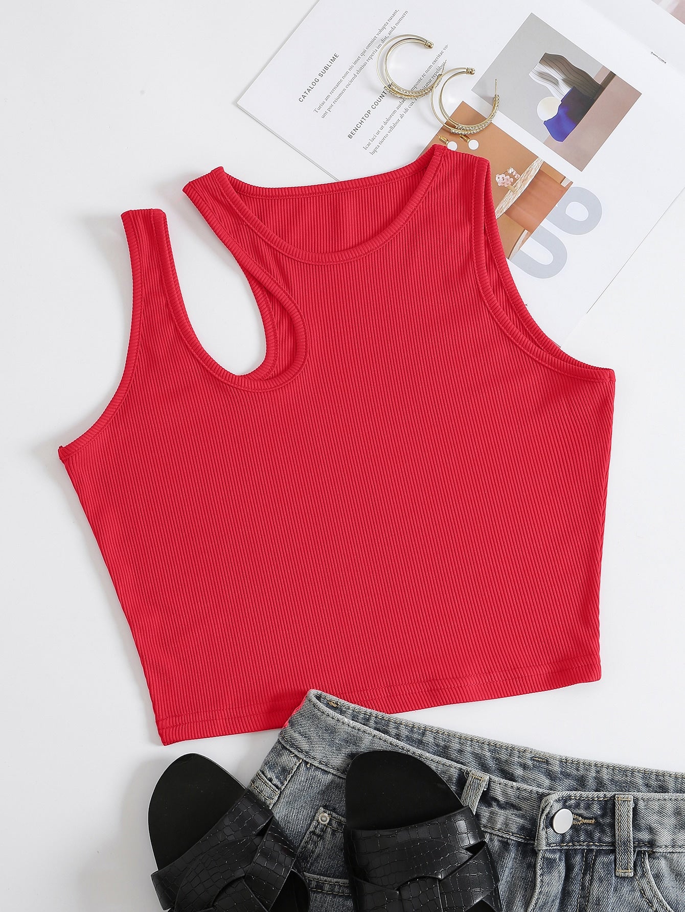 Solid Cut Out Shoulder Ribbed Knit Tank Top For Summer