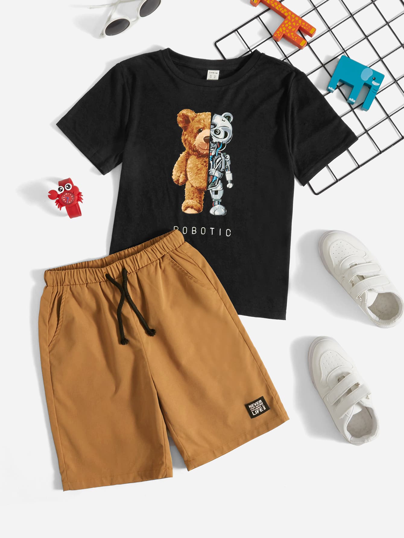 Tween Boy Bear & Letter Graphic Tee & Drawstring Waist Shorts