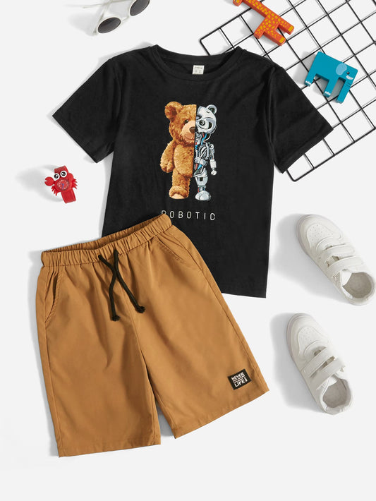 Tween Boy Bear & Letter Graphic Tee & Drawstring Waist Shorts