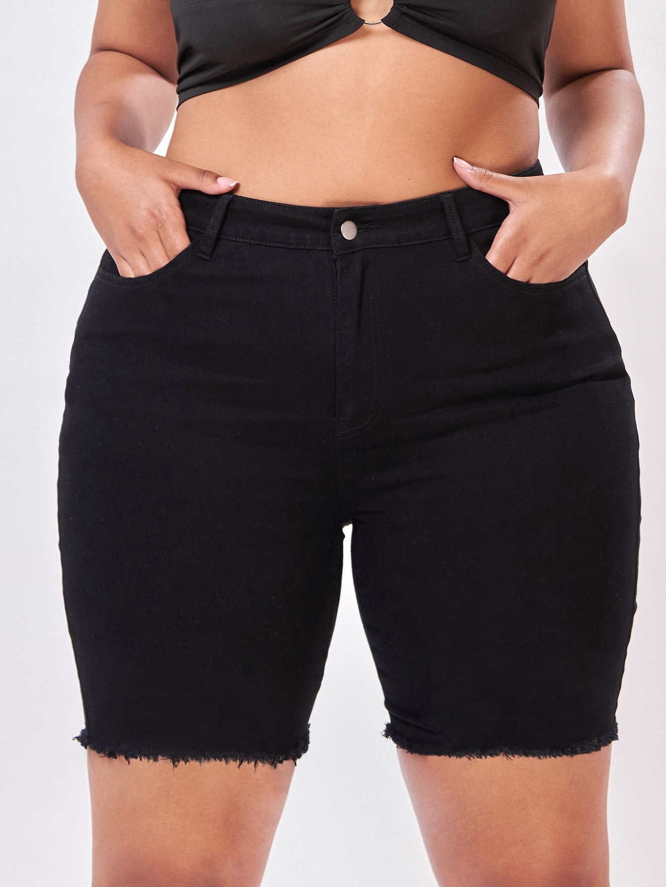 Plus High Waist Raw Trim Denim Shorts