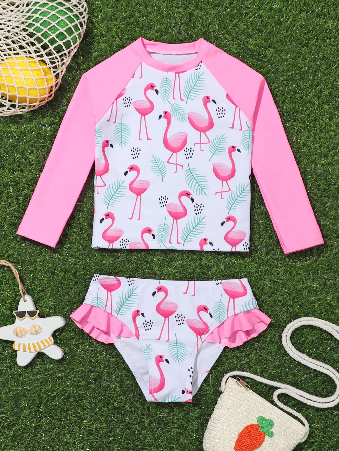 Young Girl Random Flamingo Print High Neck Rashguard Summer Beach