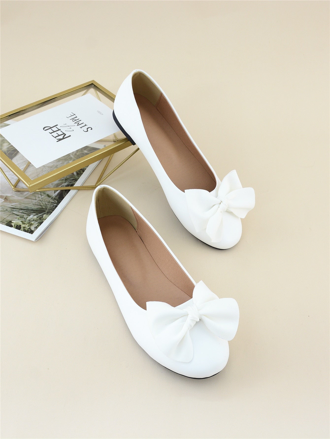 Women White Bow Decor Ballet Flats, Preppy Round Toe Flat Shoes